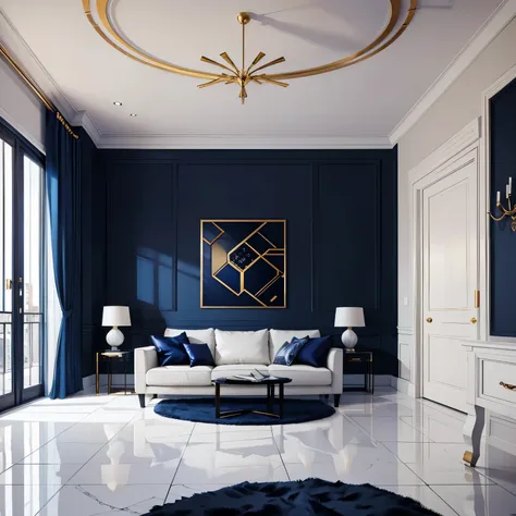 modern minimalist interior design with dark cobalt blue accents and gold accents