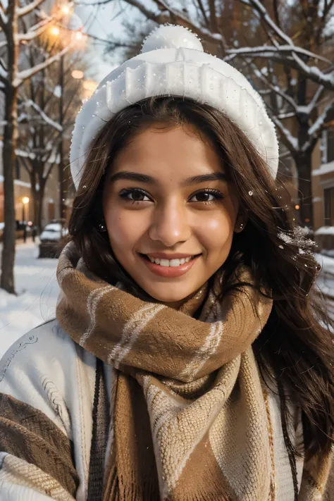 A happy 23 year old brown girl with happy face in a winter season, high volume of hair