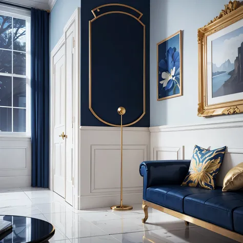 modern minimalist interior design with medium cobalt blue accents and gold accents