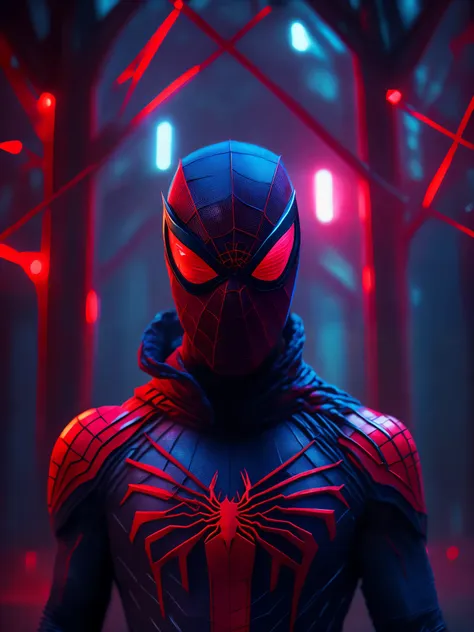 grim portrait of marvel&#39;s bloody spider-man with intricate angular cybernetic implants inside a brutalist building., brutali...