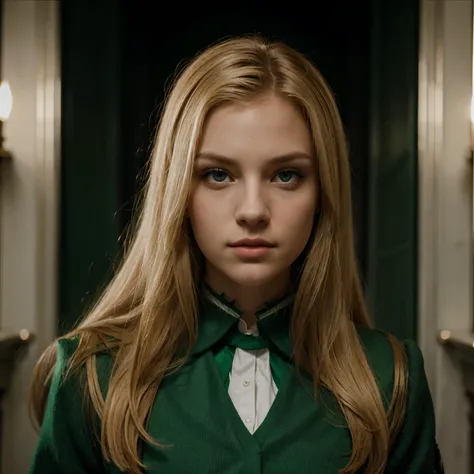 (best quality), a Sharp witted and arrogant, intimidating beautiful blonde girl with red eyes and lips wearing Slytherin uniform.