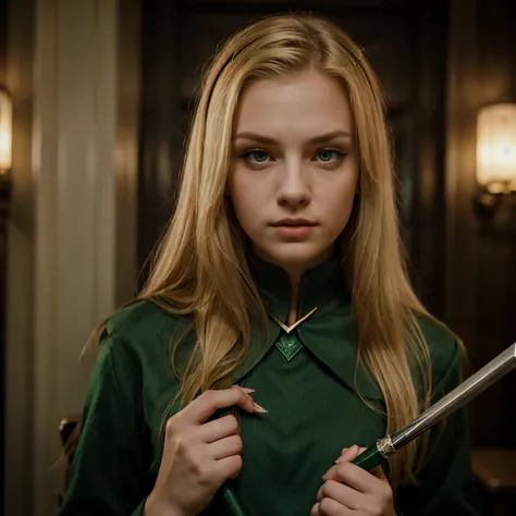 (best quality), a Sharp witted and arrogant, intimidating beautiful blonde girl with red eyes and lips wearing Slytherin uniform.