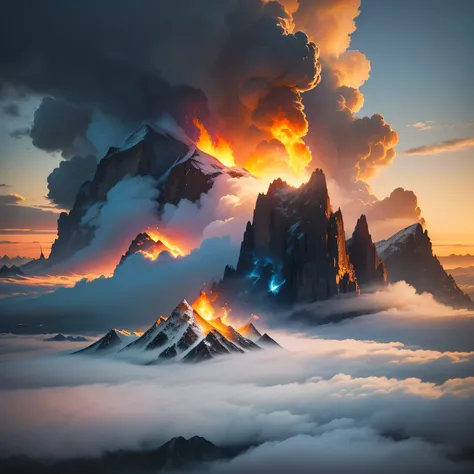 (Best quality,4K,8K,A high resolution,Masterpiece:1.2),Ultra-detailed,(Realistic,Photorealistic,photo-realistic:1.37), mountains and clouds, yellow clouds on fire, sunset, yellow sky.High mountain ranges, clouds below mountains, mountains on fire, wild fir...