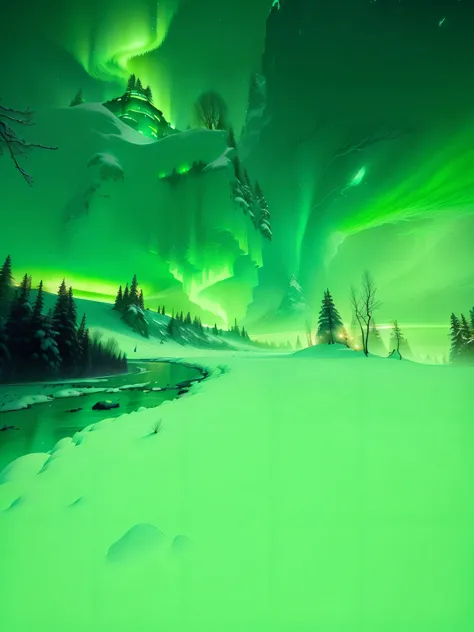 Bright green auroras cover a wooded snowy landscape, inspired author：Christopher Balaskas, glowing snow, winter concept art, concept art stunning atmosphere, Green sky, Inspired by Raphael Crocodile, Green light, Busy Rutkoski Andreas Rocha, Amazing screen...