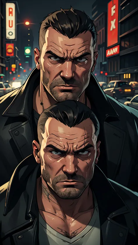 create a gta 5 loading screen artwork of Max Payne with an angry facial expression, from Max Payne 1. Take reference from all GTA artwork. Make it detailed and dramatic with studio lighting. Take reference from Max Payne series artwork. Setting is New York...