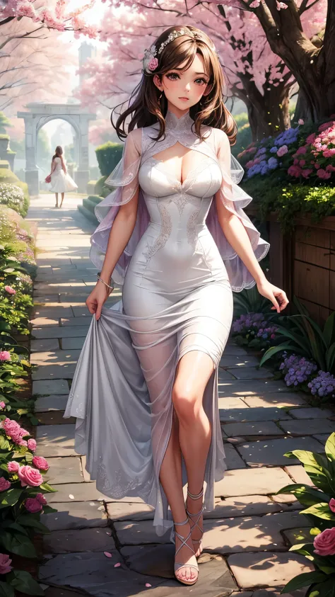 sksbrooke person, sksbrooke, (masterpiece:1.2), (best quality:1.2), perfect eyes, perfect face, 1girl, solo, brown eyes, (medium breasts), perky breasts, seductive look,  pink wedding dress with a shawl, walking in the garden, back view