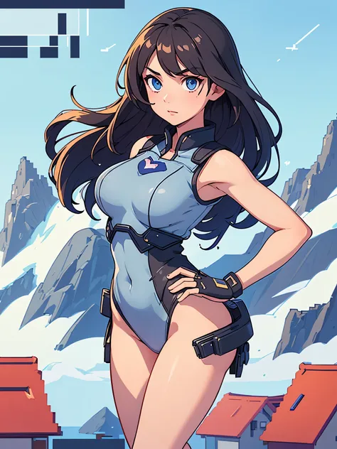 (((pixel-perfect, detail-perfect))), 1girl, pilot, leotard, heart emblem on the chest, bare legs, boots, solo, solo focus, sleeveless, hands on hip, standing, ultra highres, absurdres, beautiful face, detailed eyes, symmetric eyes, perfect body, good propo...