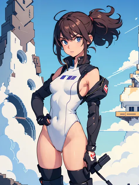 (((pixel-perfect, detail-perfect))), 1girl, pilot, leotard, heart emblem on the chest, bare legs, boots, solo, solo focus, sleeveless, hands on hip, ultra highres, absurdres, beautiful face, detailed eyes, symmetric eyes, perfect body, good proportions, mo...