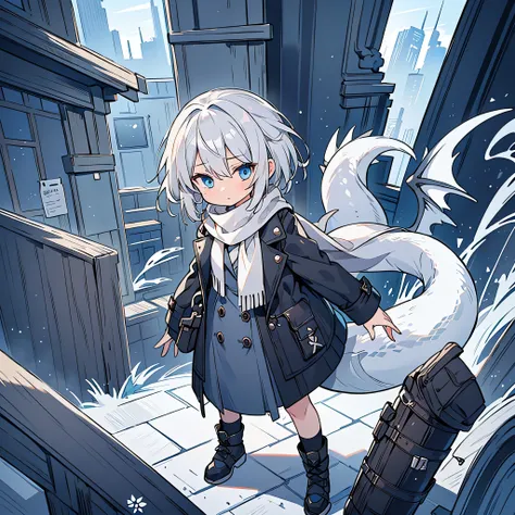 (masterpiece, highest quality, highest quality), messy hair,black_trench coat,Light blue_scarf,short hair,girl,gray hair,blue eyes.White dragon wings on the back,has a white dragon tail,put one&#39;Hand in hand&#39;pocket of,one person