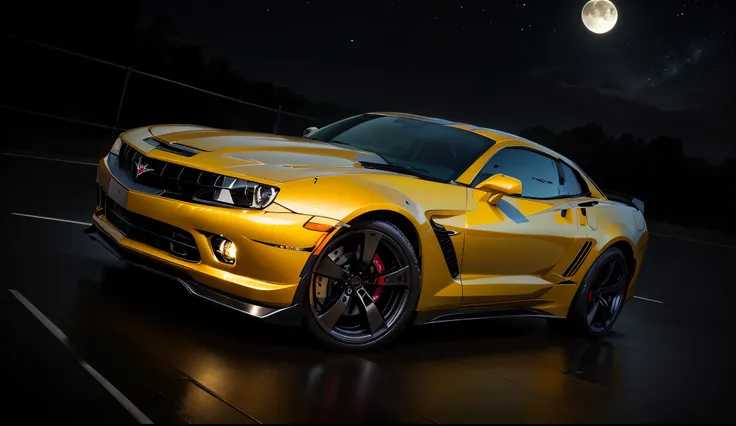 Obra-prima, melhor qualidade, a limited edition sports car a yellow Corvette with its headlights on and on on a country road surrounded by greenery with the moon shining in the sky full of stars, style Artie Guérin