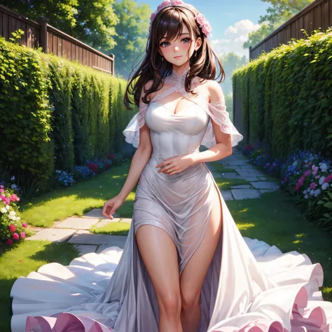 sksbrooke person, sksbrooke, (masterpiece:1.2), (best quality:1.2), perfect eyes, perfect face, 1girl, solo, brown eyes, (medium breasts), perky breasts, seductive look,  pink wedding dress with a shawl, walking in the garden, close up, happy