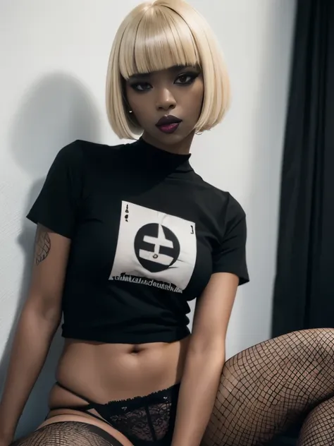 1girl, woman, goth, short bobcut with bangs, straight bangs, blonde hair, black lips, black lipstick, eyeliner, masacara, eye shadow, tshirt, apartment, goth girl, really dark skin, african, nigerian, sitting, dark eyes, smoky eyes, panties, full body, fis...