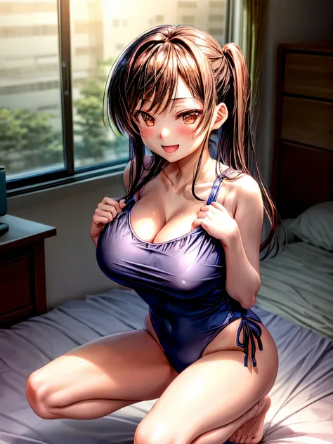 chizuru, big breasts, 1 Beautiful Girl、A woman wearing a navy blue one-piece school swimsuit、bare hands、barefoot、big smile、Bedroom、bed、sexy pose、squatting down