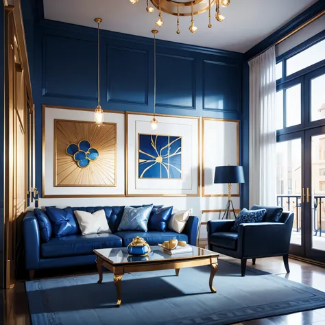 modern minimalist interior design with vibrant cobalt blue accents and gold accents