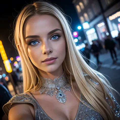 (Selfie, Draufsicht: 1.4), (full body), RAW UHD portrait photo of a 24-year-old blonde (Blue-eyed woman) Eine dunkle Gasse entlanggehen, big ,, Stadt bei Nacht, (Rock), (Ausschnitt), Details (Gewebe! , Haar! , Glitzer, Farbe!! , Benachteiligungen: 1.1), sh...