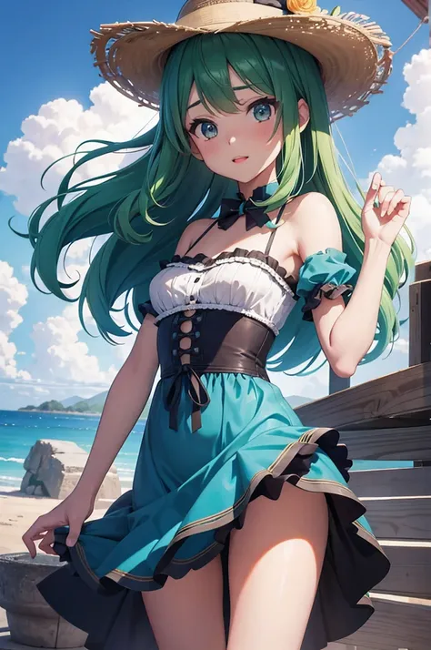 high resolution, sombreado, anime, chica linda, baja estatura, small breasts, escote, vestido, cabello verde, ojos azules,