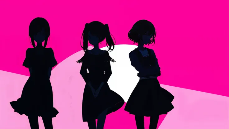 three girl silhouettes standing, (line contour), dark pink background, ((high contrast)), facing viewer, cute
