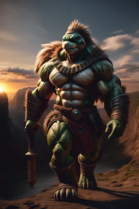 A captivating image of a male anthropomorphic turtle, clad in Celtic armor and tribal tattoos beard, grips his (giant mace:1.15) with unyielding strength. (War-paint:1.13) (tribal-headress) walking tall and proud against the backdrop of the Scottish Highl...