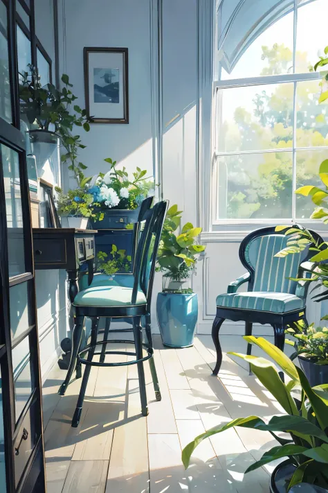 Photo for shop: A captivating image featuring an inviting arrangement of blue and green chairs and armchairs, creating a serene and calming atmosphere. The subtle color scheme adds a sense of tranquility and harmony, making this a must-have for any home de...