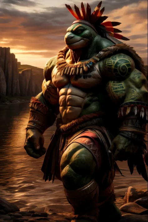 A captivating image of a male anthropomorphic turtle, clad in Celtic armor and (glowing-tribal-tattoos:1.18) beard, grips his (giant mace:1.15) with unyielding strength. (War-paint:1.13)  (tribal-headress) walking tall and proud against the backdrop of the...