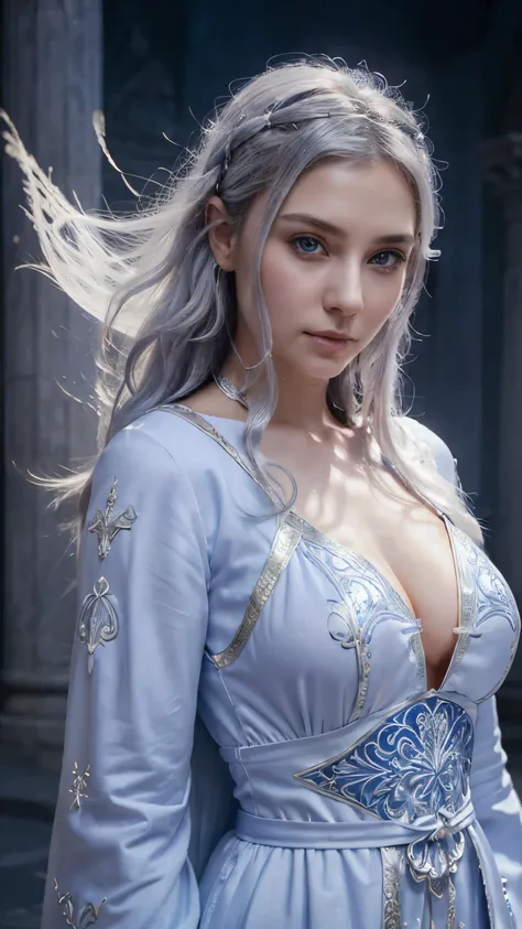 A portrait photo of beautiful girl, mage girl, charming face, fair skin and silver hair, blue eyes, developed body, wearing long white peplos dress and violet robe , the armors is highly detailed enchanted, engraved and embossed, mysterious magic city back...