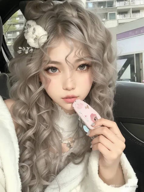 hay una mujer con cabello largo sosteniendo un objeto rosa, cabello rizado plateado, Cabello blanco rizado, ulzzang, sakimichan, con pelo largo y rizado, pelo largo gris claro, cabello plateado rizado, cabello gris nublado, pale skin curly blonde hair, gra...