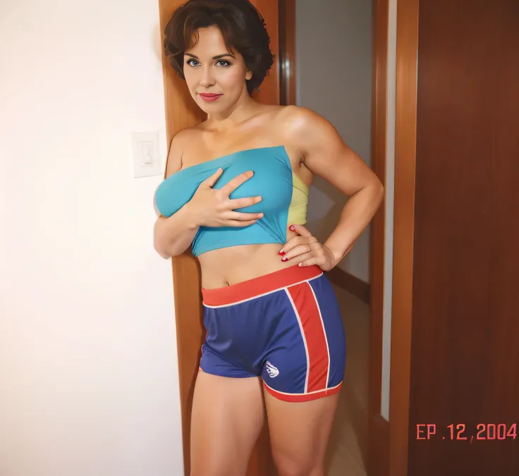 there is a woman in a blue and red bikini posing for a photo, sport bra and shorts azul escuro, sport bra and shorts, physicist : a menor barriga de todos os tempos, in retro swimsuit, ela tem cerca de 35 anos, o extremamente quente e sexy, wearing two pie...