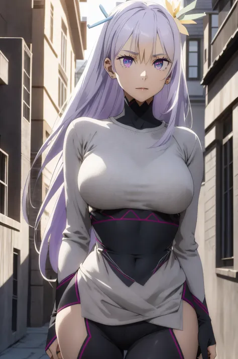 masterpiece, (best quality), 1woman,1girl ,reona, silver hair, purple hair , long hair, purple eyes, ,sexy woman,hair between eyes ,white sweater, (fully clothed), ((closed clothes)),jewelry, hair ornament, vibrant colors ,natural lighting ,RTX, large brea...