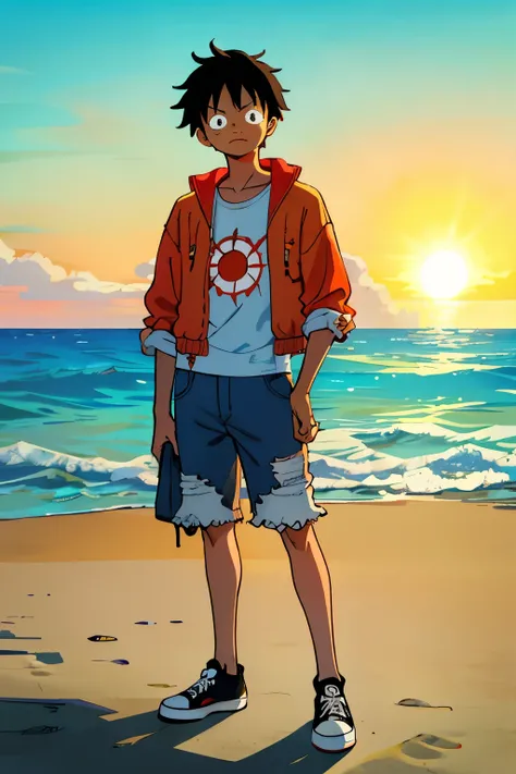 Masterpiece, best quality, 1boy named Luffy, casual setting, solo, he holds a sneaker in his hand, worn-out Converse, sun-kissed skin, determined expression, (beach background: 1.3), (close-up: 0.9)

Luffy, a masterpiece in best quality, stands alone on th...