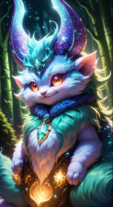 Cute magical monster, detailed 8k gorgeous bright with lots of quality, enchanting forest background, vibrant colors, glowing eyes, fluffy fur, sparkling scales, whimsical horns, intricate patterns, playful expression, mischievous smile, magical aura, capt...