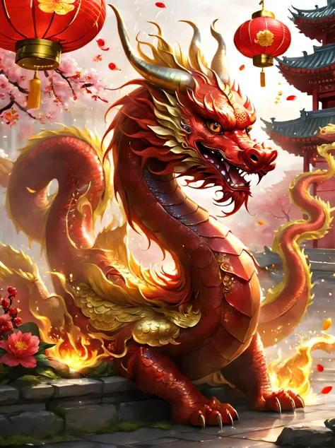 a majestic dragon, decorated in a gorgeous combination of gold and red, take center stage in lively chinese new year celebration...