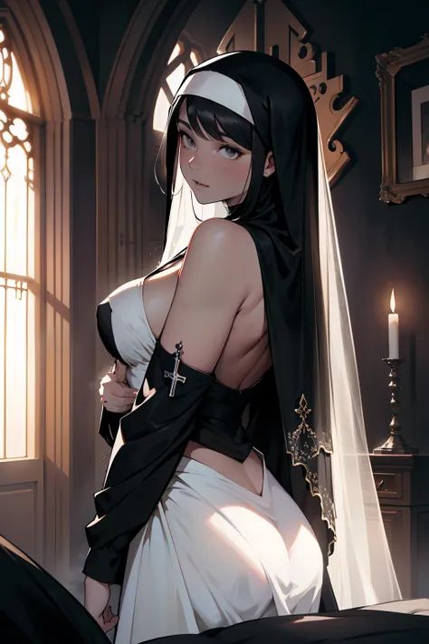 In the intimacy of her bedroom, a woman with an alluring allure lies bare below a beautiful, transparent black and white nuns veil. Her voluptuous figure, characterized by a medium-sized chest and long, dark hair cascading down her back, is illuminated in ...