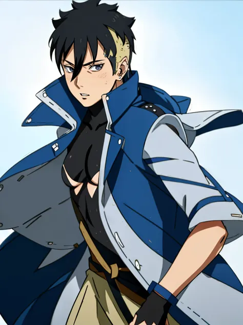 kawaki_uzumaki a man with a navy blue and white jacket,((in female version with medium breasts)),(ultra extreme quality:1.5),