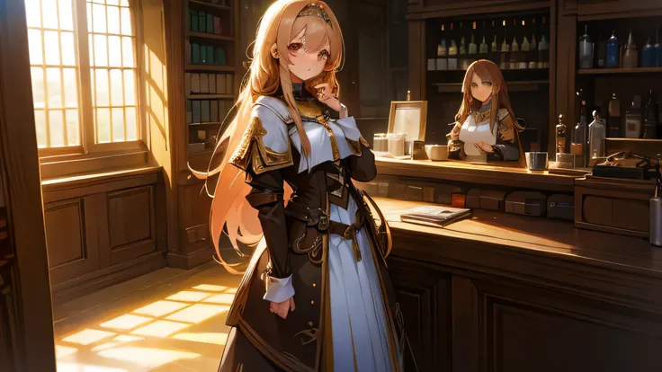 Beautiful girl, long light hair, I stand behind the counter at the guild