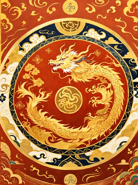 chinese new year golden dragon on red background, round style, phoenician art, layered imagery with subtle irony, 16th century, ...