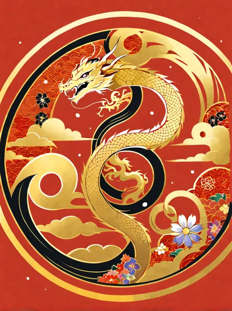 a golden dragon sitting on a red background stock illustration, round style, floral pattern, top cole 58mm f/1.4, chinapunk, des...