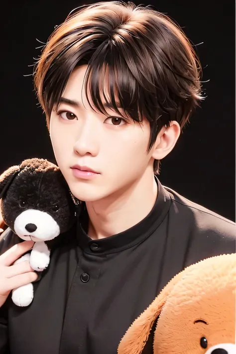 1 person、high quality，masterpiece，8K, (head shot),、、、、、、(big shirt)、、(put a stuffed dog on your shoulder)、((jet-black background:1.3))、、(brown messy hairstyle)