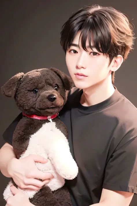 1 person、high quality，masterpiece，8K, (head shot),、、、、、、(big shirt)、、(put a stuffed dog on your shoulder)、((jet-black background:1.3))、、(brown messy hairstyle)