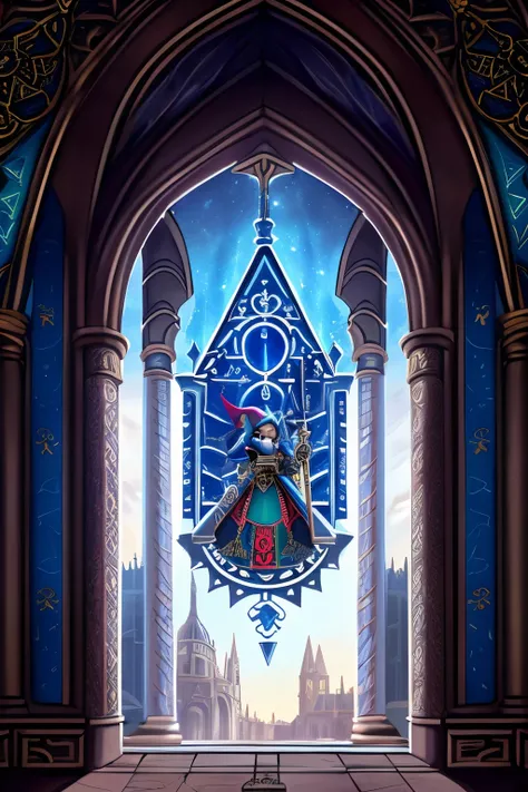 Breezie the Hedgehog, ((wearing green and blue templar knight armor with ornate detail and patterning)), ornate glowing Zweihänder stuck in stone, interior of mystical cathedral with large pipe organ and ornate chandelier