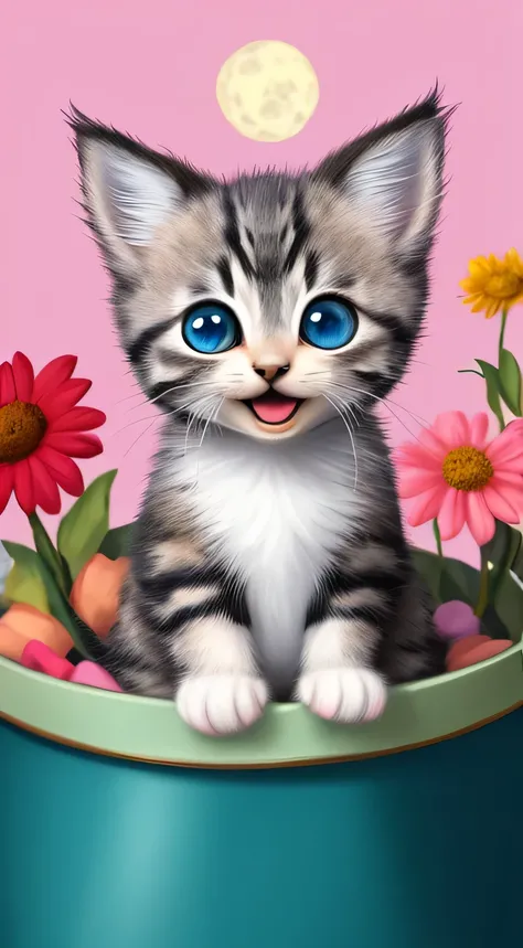 A kitten with a tiny tail, a small nose, small ears, blue eyes, pink background, flowers, vases, dreams, open mouth, smile, Caroline Chariot-Dayez pastels, tumblr, furry art, elokitty, Disneys Bambi cat, Disneys stylized furry, ears floating, fluffy tail, ...