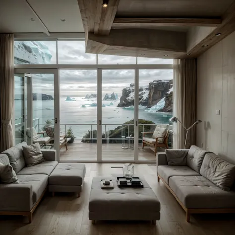 design the interior of a living room in concrete mansion, surrounded by icebergs and the cold sea. Create a cozy and warm space using wooden and concrete materials, with huge glass windows offering breathtaking views. Merge modern luxury with natural eleme...