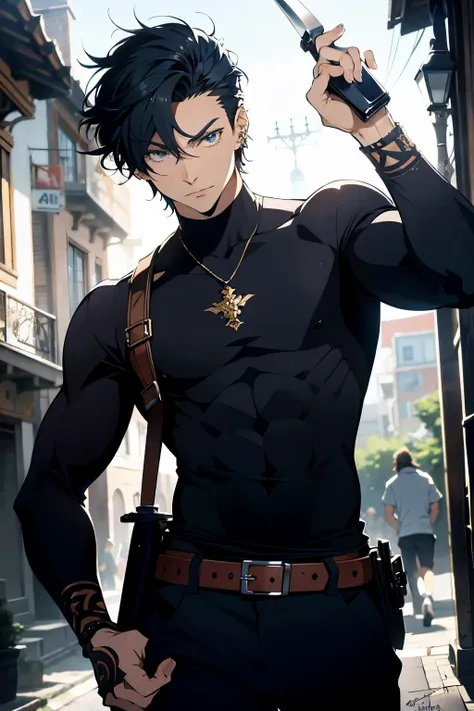 (Anime) masterpiece, best quality, a charismatic man, solo, stylish, short hair, piercing blue eyes, sharply defined facial features, casual attire, dynamic shadow play, confident pose, holding a sword or other signature weapon, intricate details in clothi...