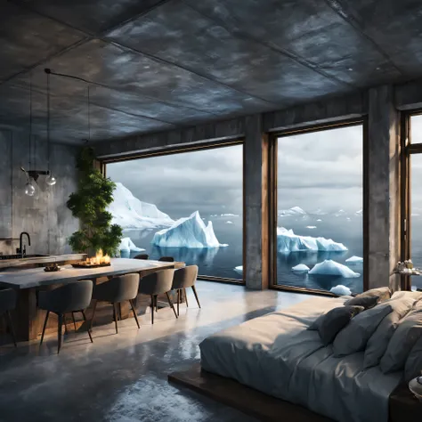 design the interior of a concrete mansion within an iceberg, surrounded by icebergs and the cold sea. create a cozy and warm spa...