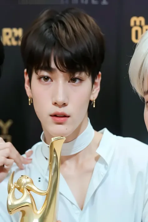 a close up of two people holding a trophy in front of a black background, cai xukun, jungkook, black haired yoongi, hyung tae, inspired by Bian Shoumin, wry smirk, kim doyoung, taejune kim, yanjun chengt, inspired by Kun Can, jia, mark lee, jimins grecian ...