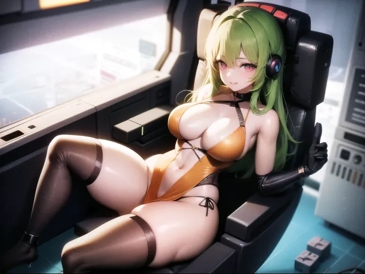 1girl, long blue green hair, pink eyes(glowing), goggles, thick figure, grinning, blushing, thick adult body, voluptuous, pale skin(extreme), wires extending, wire plugged into neck, orange dress(intricate ornamentation), wet skin, chiaroscuro, raypunk got...