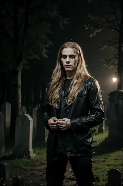 Create an image of a young man with long blond hair, member of a black metal band, wearing corpse paint in his face, standing in a sinister cemetery at night in Sweden. The cemetery is surrounded by thick fog, and the only light comes from the moon and the...