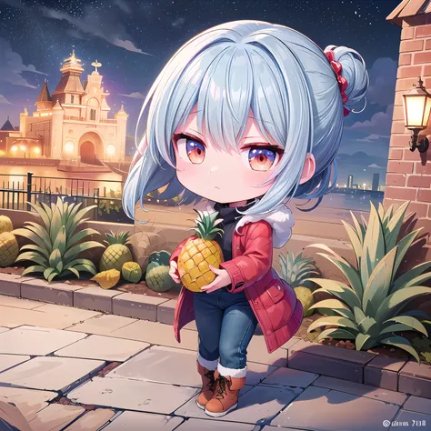 (great Chibi, snap,Pineapple ,one girl: 1.4), (Masterpiece, almond-shaped eyes, glossy white-blue hair, short chignon hair, top quality, carefully drawn fingers, beautiful anatomy,  full body : 1.4), (Tasteful Colored pencil hand-drawn picture: 1.3), (Red ...