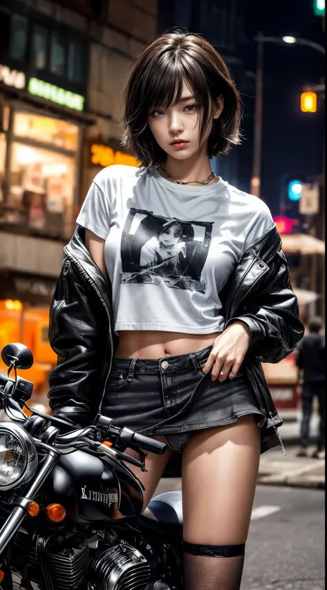 Angle from the front、cowboy shot、torn printed t-shirt、City of night、((Emoガール))、((Emo))、Bad Woman、black short shaggy hair、gradient hair、(black double rider jacket)、((Black and gray plaid miniskirt))、big breasts、high socks、(((Motorcycle on background)))、ふhig...