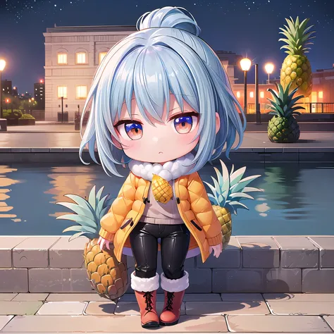 (Chibi, snap,Pineapple , Nendoroid ,stand,one girl: 1.5), (Masterpiece, almond-shaped eyes, glossy white-blue hair, short chignon hair, top quality, carefully drawn fingers, beautiful anatomy,  full body : 1.4), (Tasteful Colored pencil hand-drawn picture:...