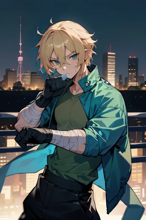 male, muscular, blonde short hair, blue eyes, hands wrapped in bandages, city background, boxing stance, jet blue jacket, green ...